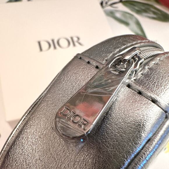 DIOR NEW Shiny Silver Round Small Vanity Cosmetic Travel Pouch - Picture 5 of 8